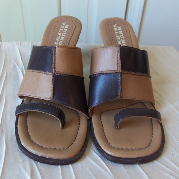 Bruno Valenti Shoes - Bruno Valenti Brown and Tan Leather Checkerboard Heel Sandals sz 8